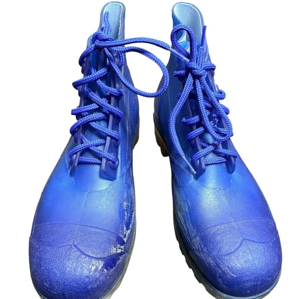 Ziv-Arit Rain Boots Mens 8 Blue Good Vintage Lace Up Waterproof Jelly Lug Sole